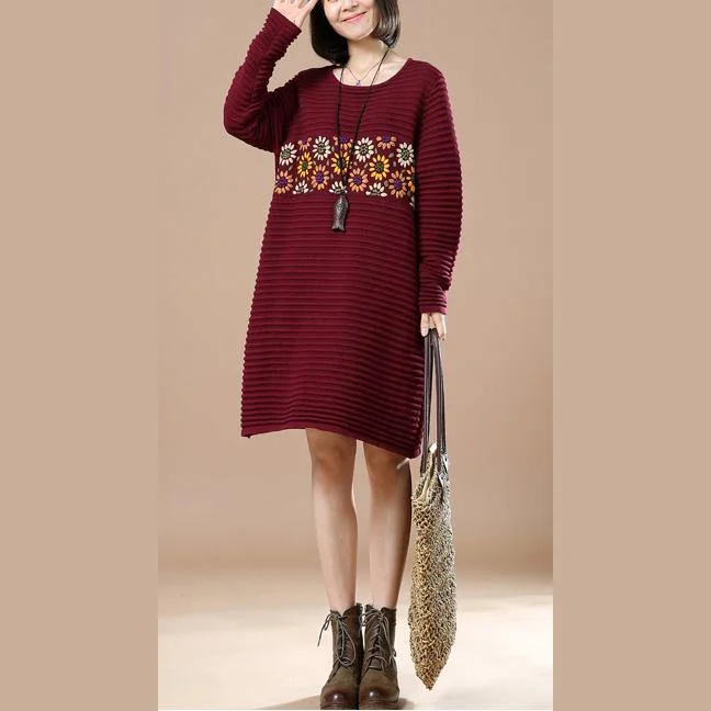 Fine burgundy joyful sunflower knit dresses oversize spring dresses top quality spring dresses long sweaters