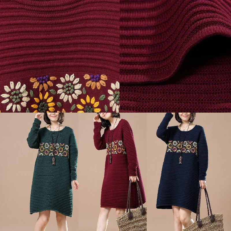 Fine burgundy joyful sunflower knit dresses oversize spring dresses top quality spring dresses long sweaters