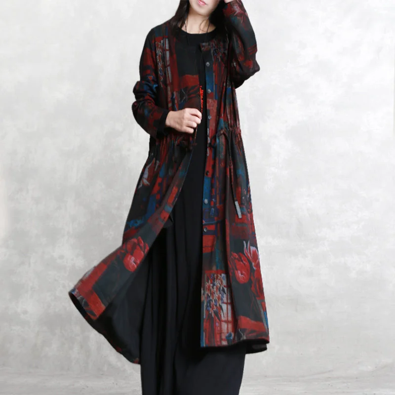 Fine burgundy print coats oversized o neck tie waist outwear Elegant long sleeve pockets coats dresses