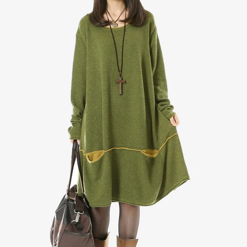 Fine grass green sweater dresses trendy plus size pullover boutique sweater dropping pockets