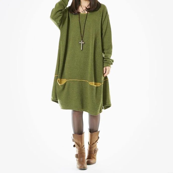 Fine grass green sweater dresses trendy plus size pullover boutique sweater dropping pockets