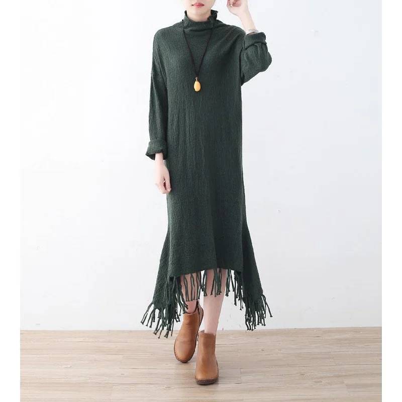 Fine green sweater dresses plus size high neck winter dress pockets Tassel long knit sweaters