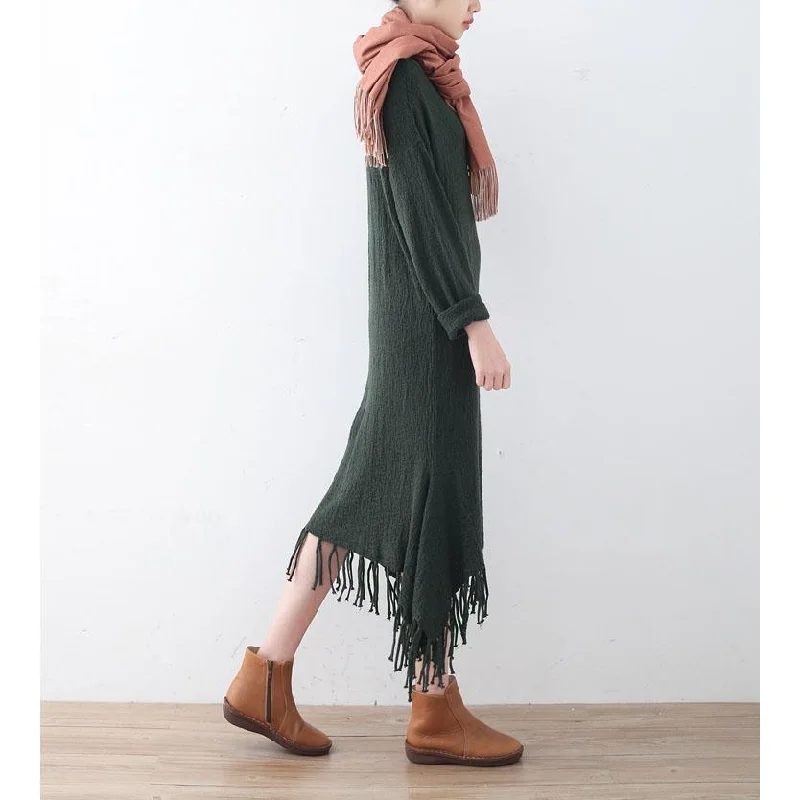 Fine green sweater dresses plus size high neck winter dress pockets Tassel long knit sweaters