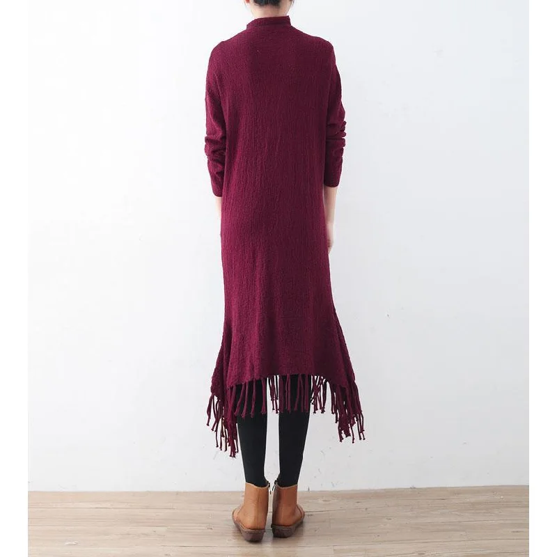 Fine green sweater dresses plus size high neck winter dress pockets Tassel long knit sweaters