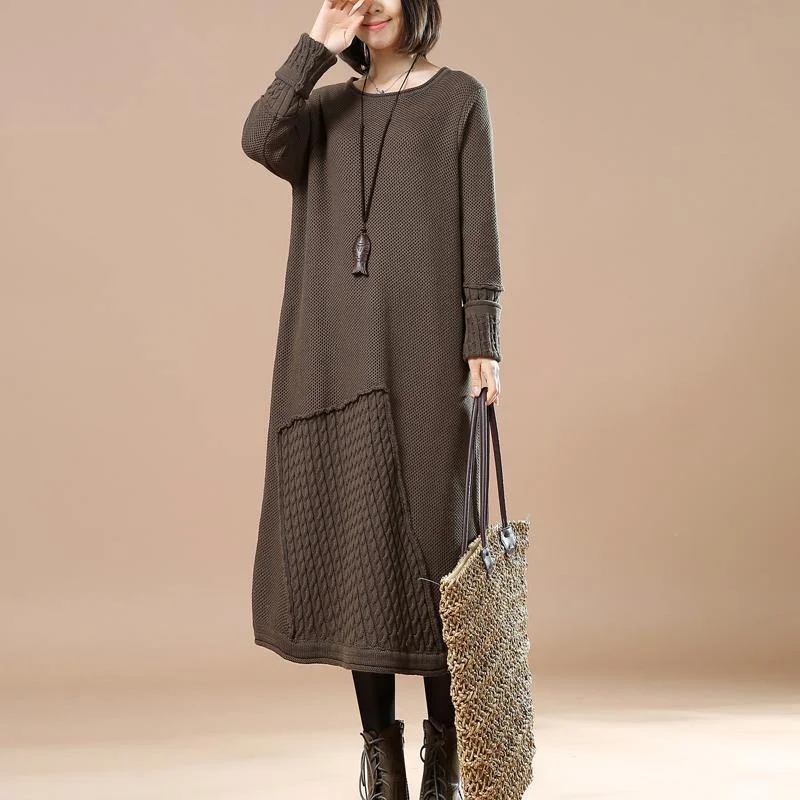 Fine khaki asymmetrical knit dresses plussize long knit sweaters women patchwork pullover sweater