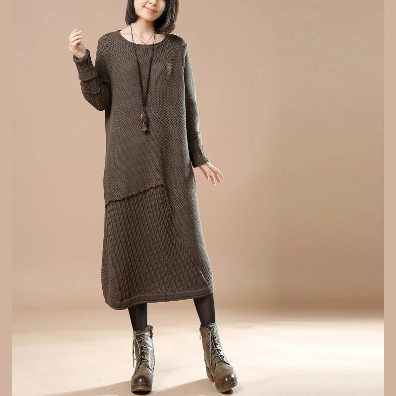 Fine khaki asymmetrical knit dresses plussize long knit sweaters women patchwork pullover sweater