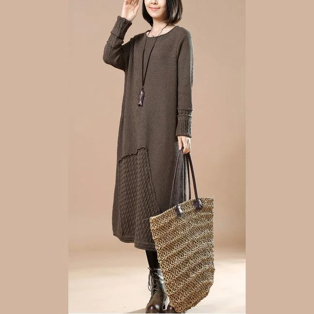 Fine khaki asymmetrical knit dresses plussize long knit sweaters women patchwork pullover sweater