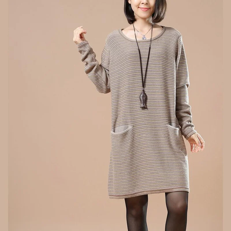 Fine khaki stripe knit dress oversize long sweaters boutique  sweaters split pockets