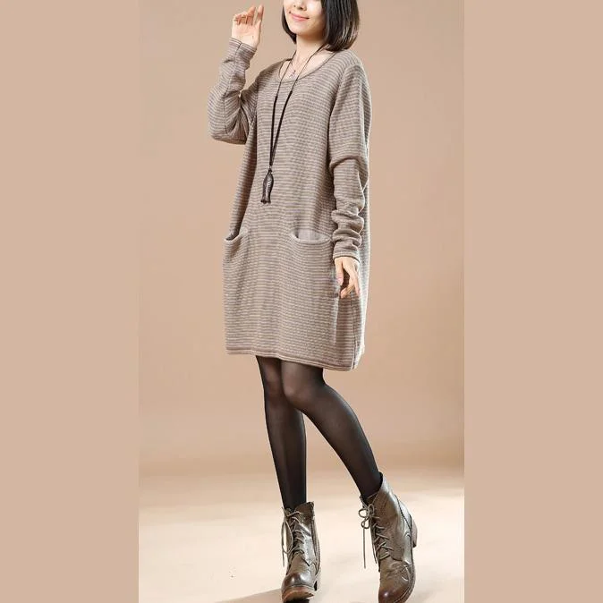 Fine khaki stripe knit dress oversize long sweaters boutique  sweaters split pockets