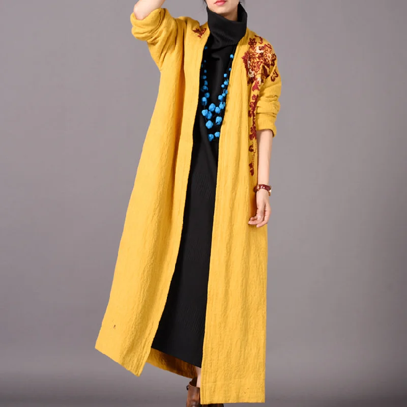 Fine yellow Coats casual embroidery baggy Winter coat boutique side open Coats