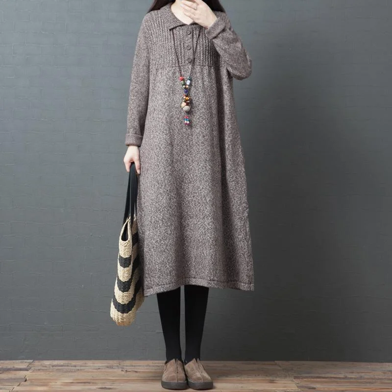 For Spring khaki Sweater dresses fashion lapel Button Art knitwear