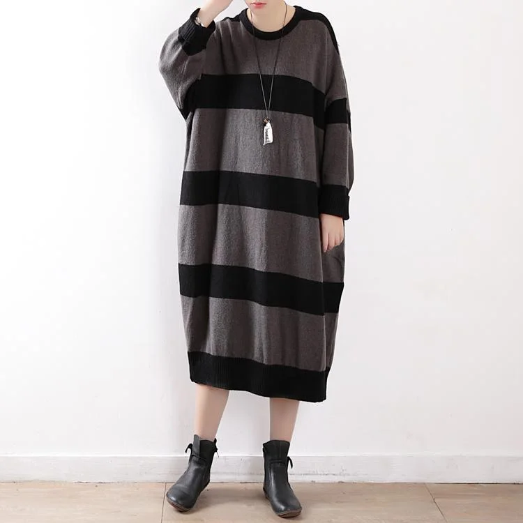 For Work Batwing Sleeve Sweater dresses Women gray striped oversized knit top fall