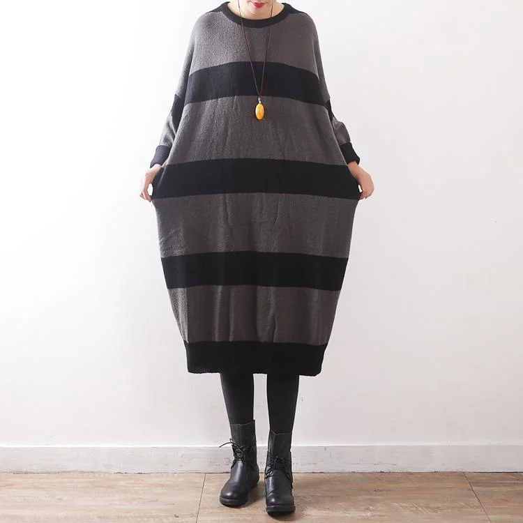 For Work Batwing Sleeve Sweater dresses Women gray striped oversized knit top fall