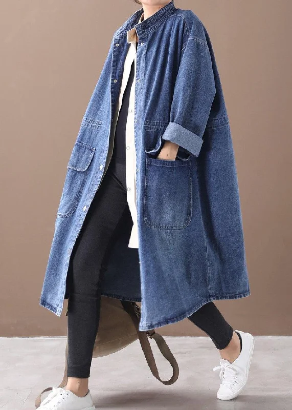 French denim blue-lace Plus Size box coat Shape stand collar drawstring coat