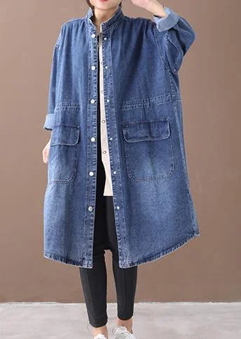 French denim blue-lace Plus Size box coat Shape stand collar drawstring coat