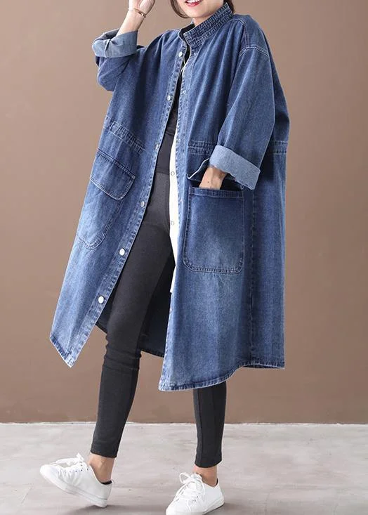 French denim blue-lace Plus Size box coat Shape stand collar drawstring coat