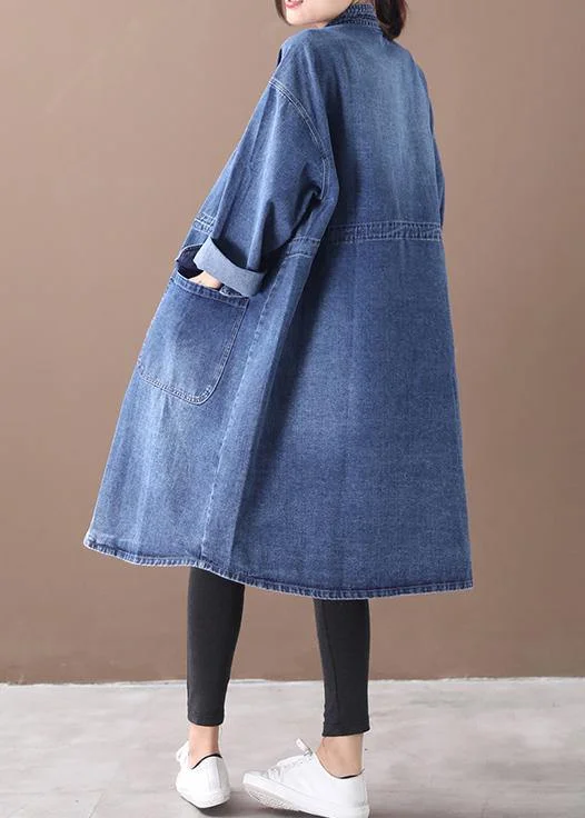 French denim blue-lace Plus Size box coat Shape stand collar drawstring coat