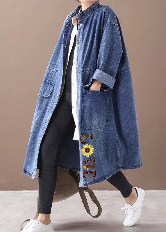 French denim blue-love Plus Size box coat Shape stand collar drawstring coat