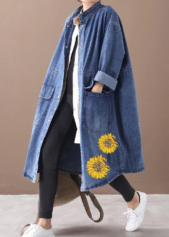 French denim blue-snowflake Plus Size box coat Shape stand collar drawstring coat