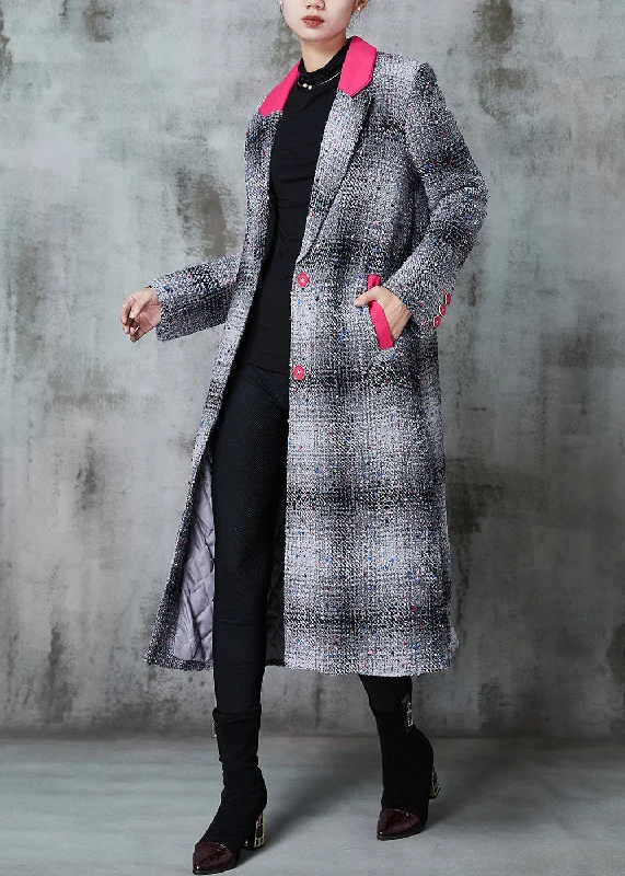 French Grey Plaid Patchwork Woolen Coats Spring