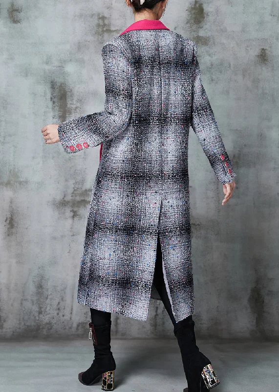 French Grey Plaid Patchwork Woolen Coats Spring