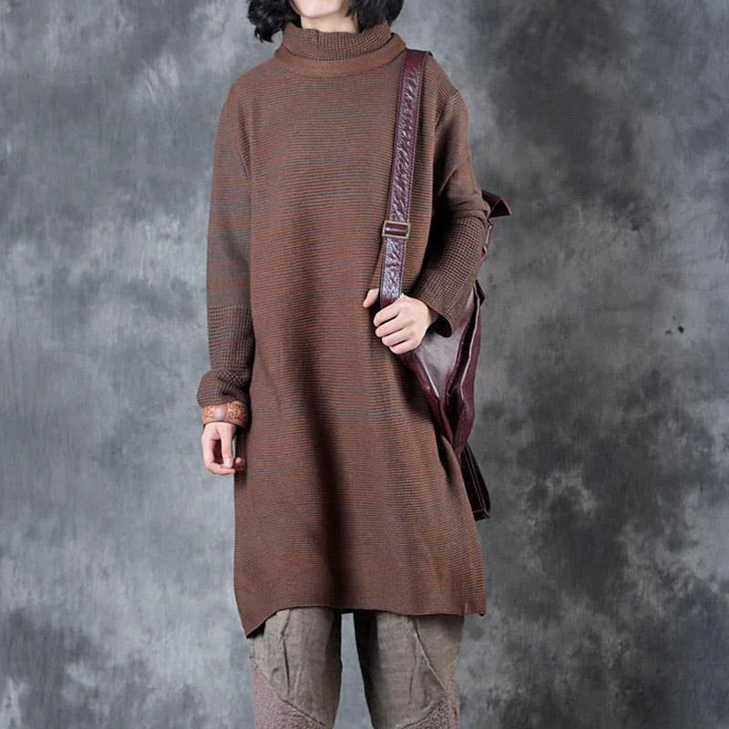 khaki casual sweater dresses high neck long thick knit dress