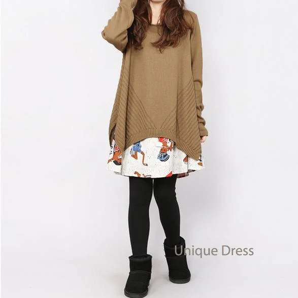 Khaki print layered long sweater dress