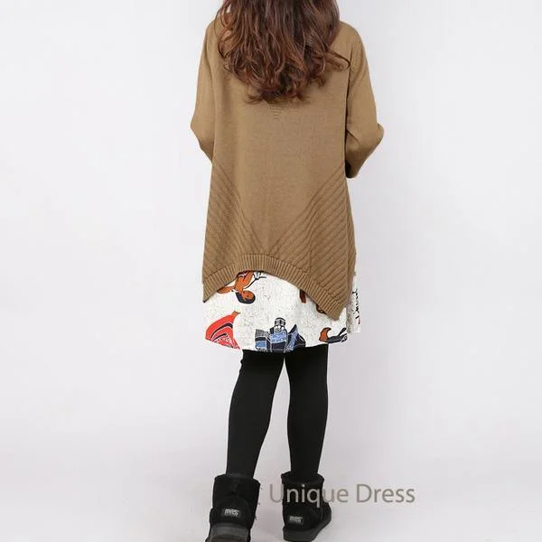 Khaki print layered long sweater dress