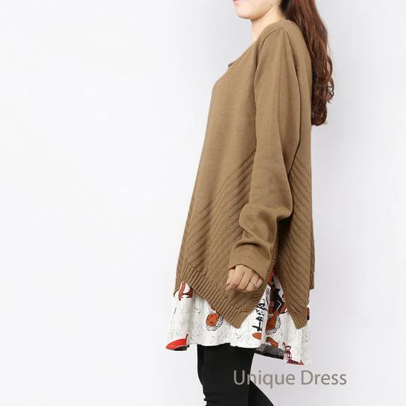 Khaki print layered long sweater dress