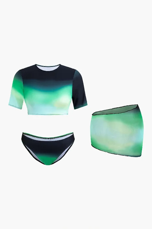 Ombre Short Sleeve Bikini Set With Cover Up