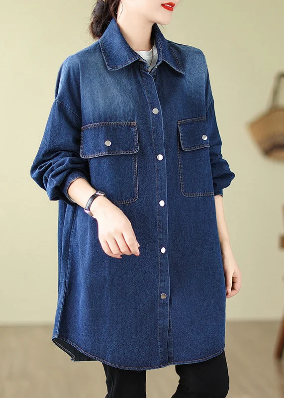 Modern Denim Blue Oversized Pockets Cotton Coat Spring