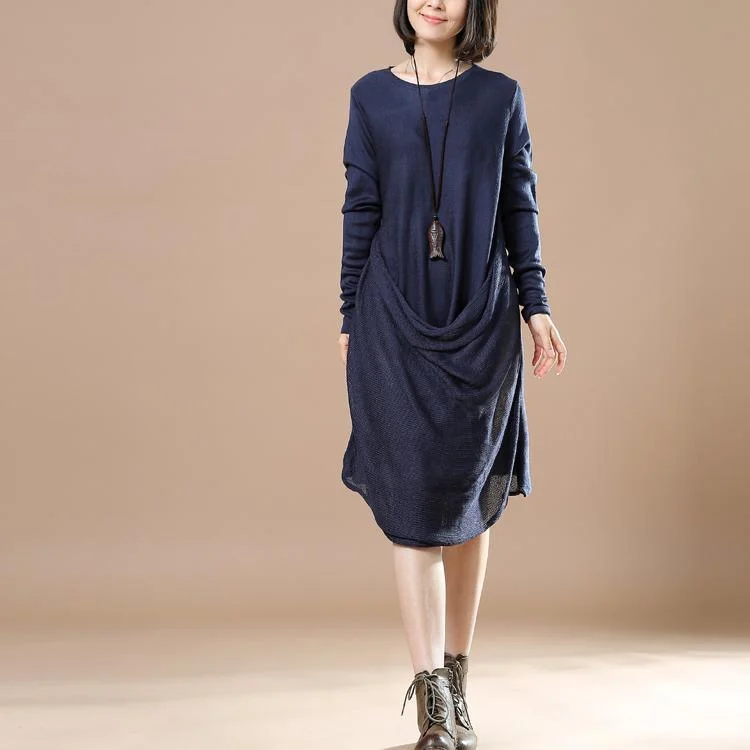 Navy draping design sweater dresses