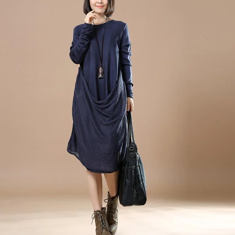 Navy draping design sweater dresses