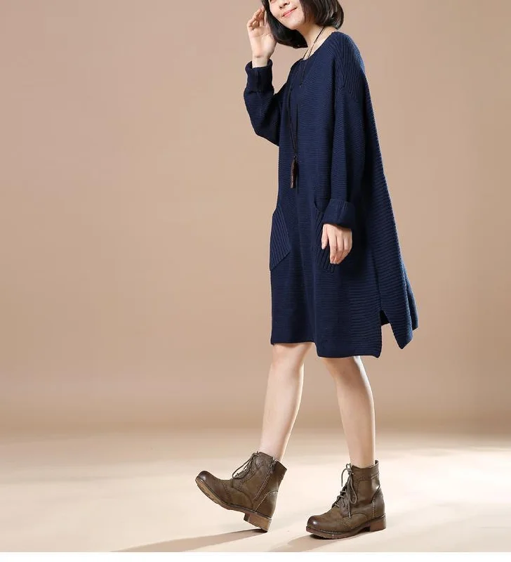 Navy plus size sweaters women winter knit dress