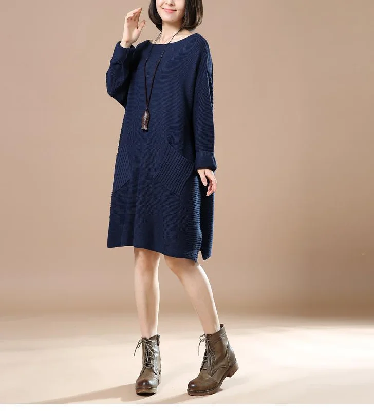 Navy plus size sweaters women winter knit dress