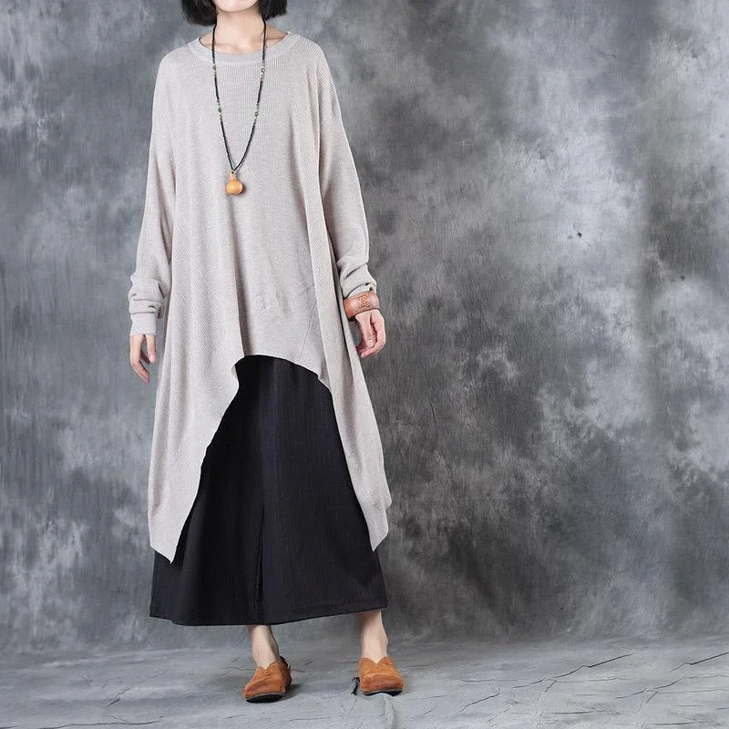 new beige fashion long sleeve knit pullover dresses baggy loose o neck asymmetric hem sweater dress