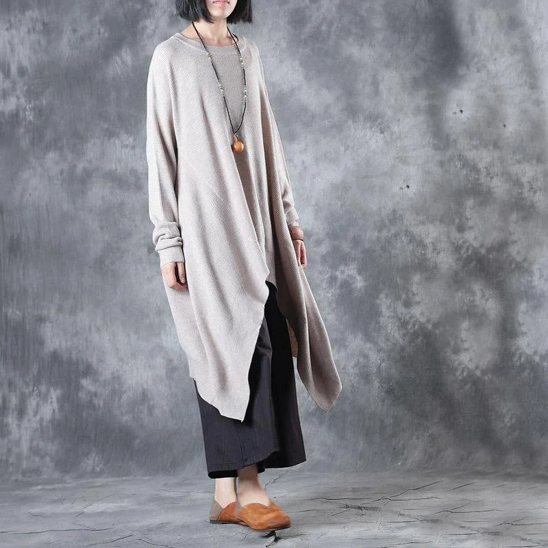 new beige fashion long sleeve knit pullover dresses baggy loose o neck asymmetric hem sweater dress