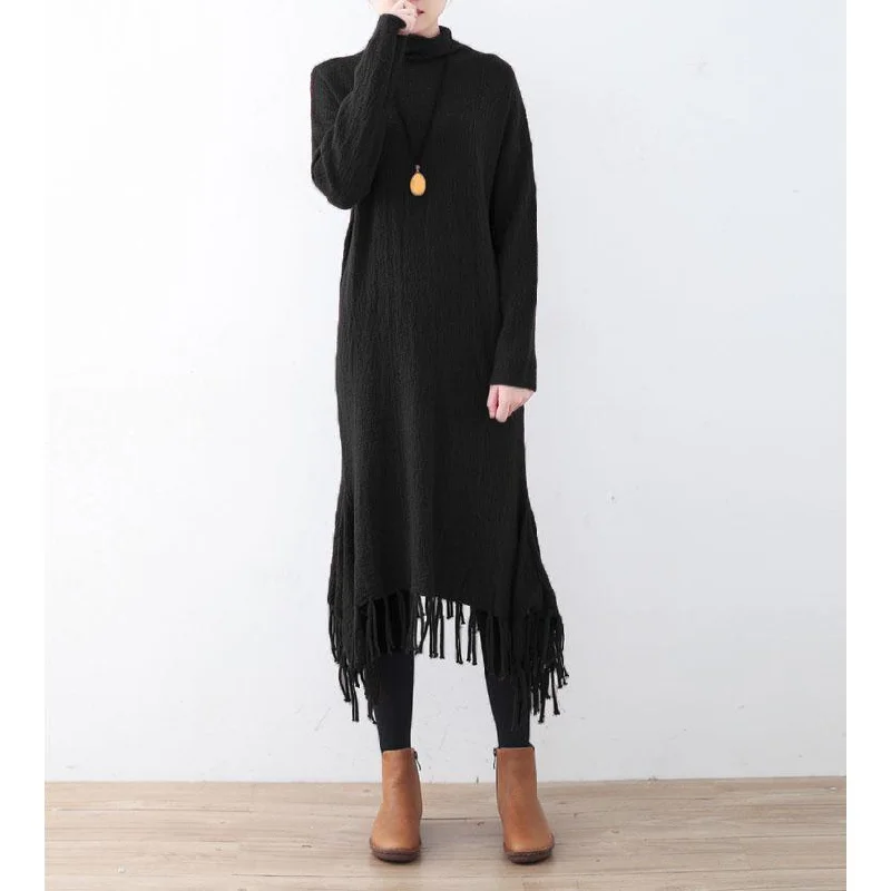 New black knit dresses oversize high neck spring dresses pockets Tassel pullover