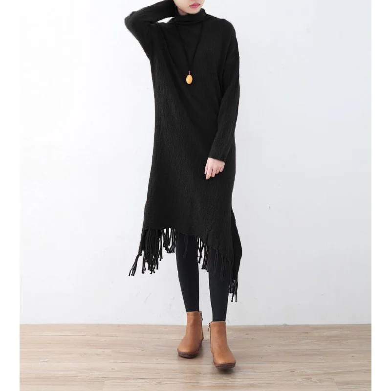 New black knit dresses oversize high neck spring dresses pockets Tassel pullover