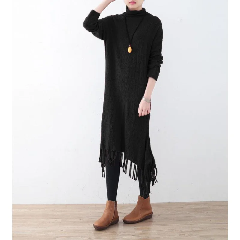 New black knit dresses oversize high neck spring dresses pockets Tassel pullover