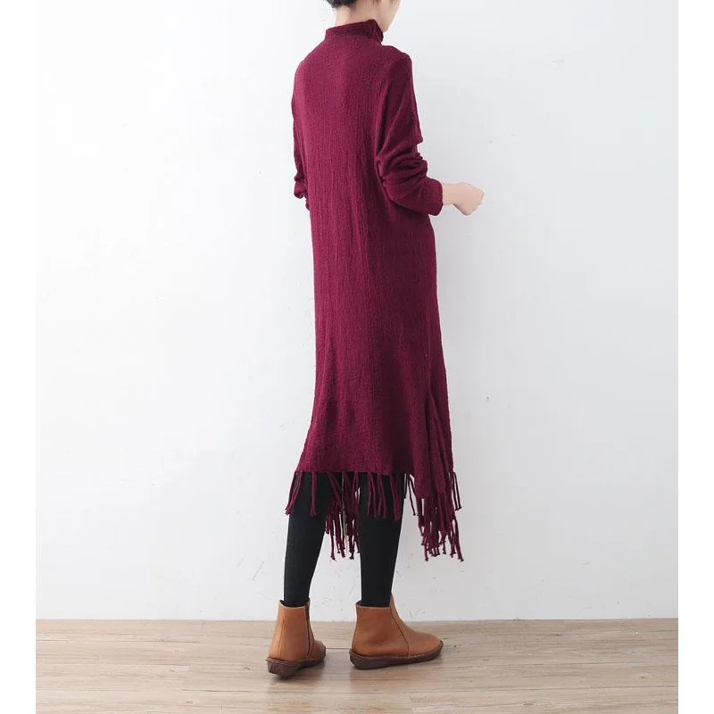 New black knit dresses oversize high neck spring dresses pockets Tassel pullover