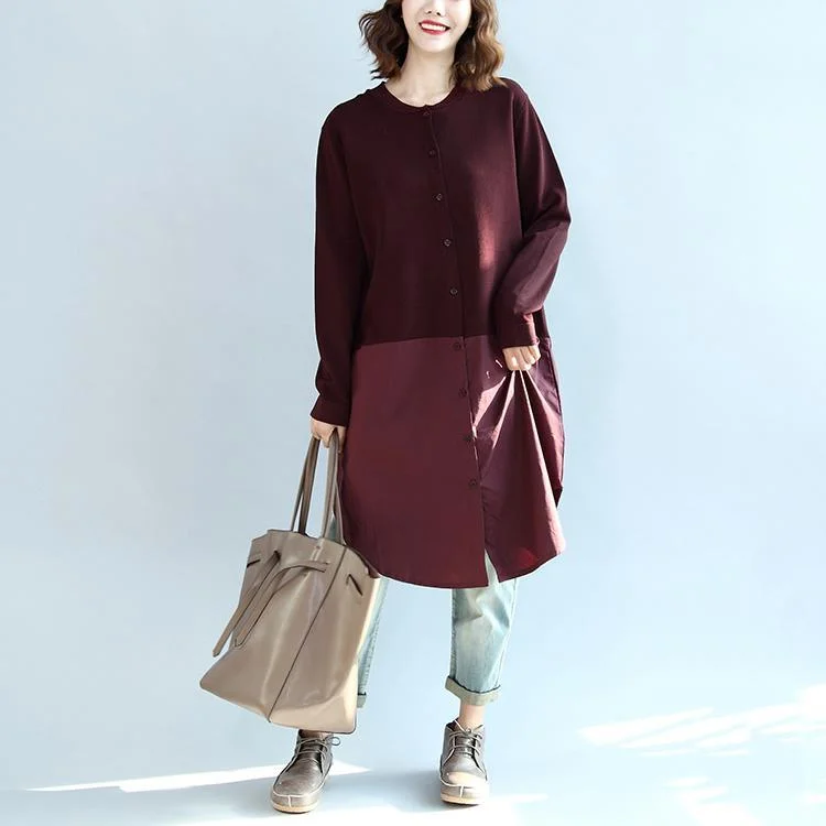 new burgundy patchwork hem cotton sweater dresses plus size knit shirts dress