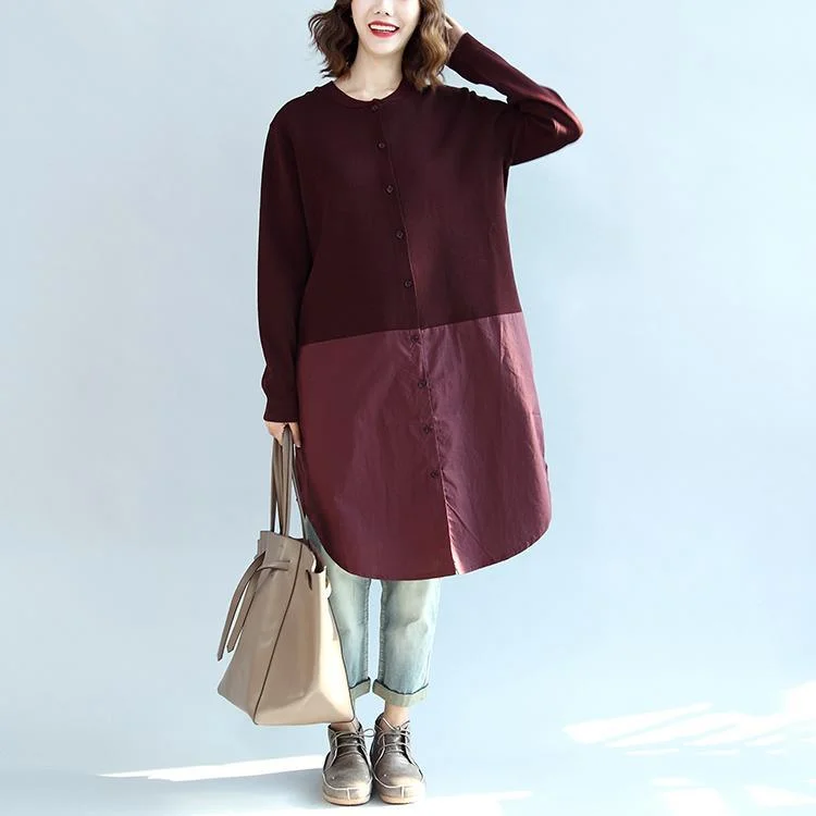 new burgundy patchwork hem cotton sweater dresses plus size knit shirts dress