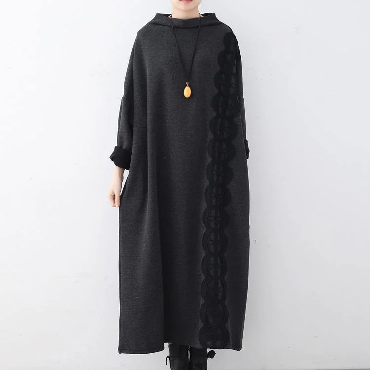 New dark gray knit dresses oversize O neck lace spring dresses women patchwork asymmetric sweater