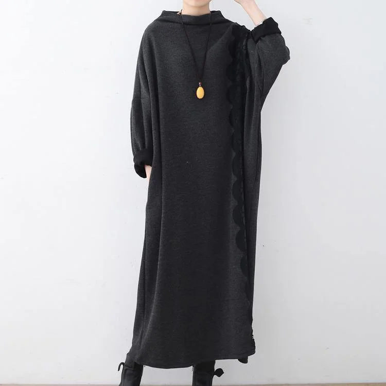 New dark gray knit dresses oversize O neck lace spring dresses women patchwork asymmetric sweater