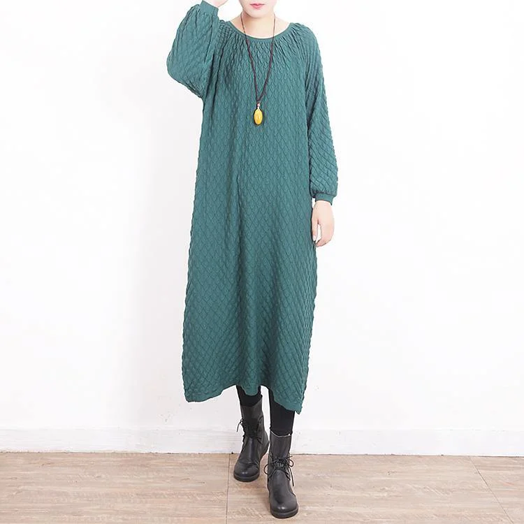 New green knit dress plus size O neck winter dresses casual Plaid pullover sweater