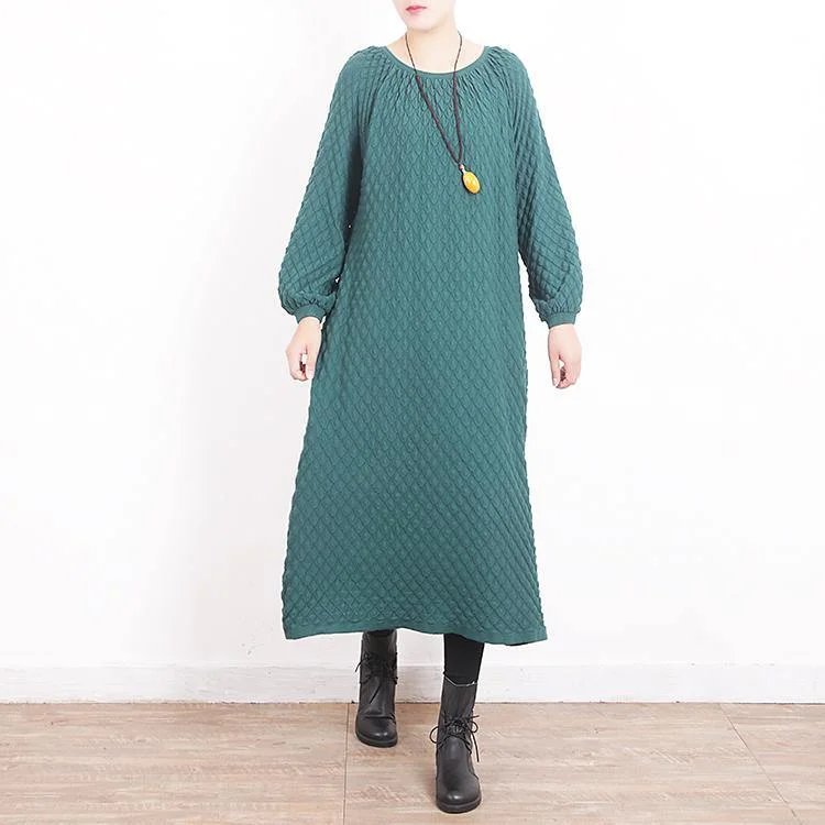 New green knit dress plus size O neck winter dresses casual Plaid pullover sweater