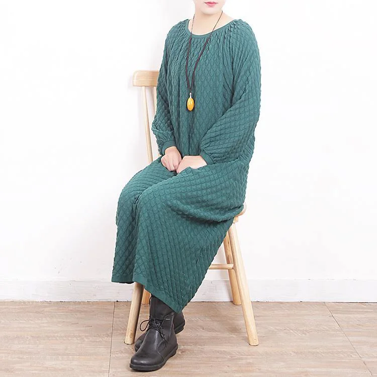 New green knit dress plus size O neck winter dresses casual Plaid pullover sweater