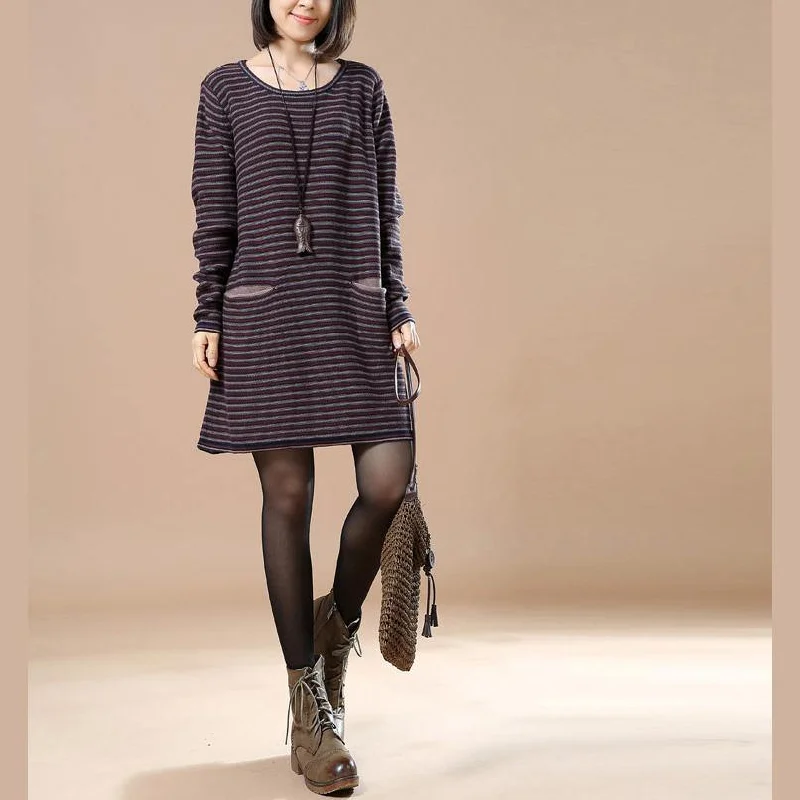 New navy striped sweater dresses plus size clothing pullover Elegant split pockets pullover sweater