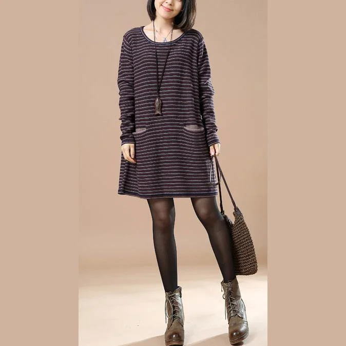 New navy striped sweater dresses plus size clothing pullover Elegant split pockets pullover sweater